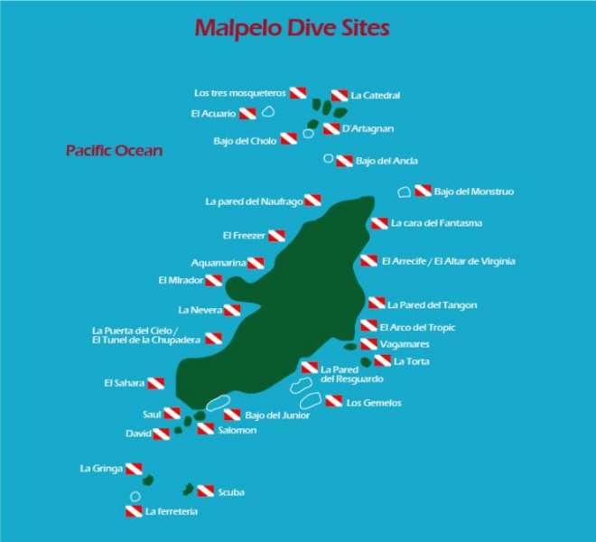 click to enlarge dive site map Malpelo island